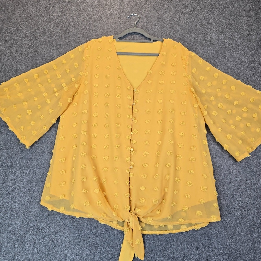 Lookbook Store Pompom Tie Front Blouse Top Womens XL Yellow V Neck Bell Sleeve
